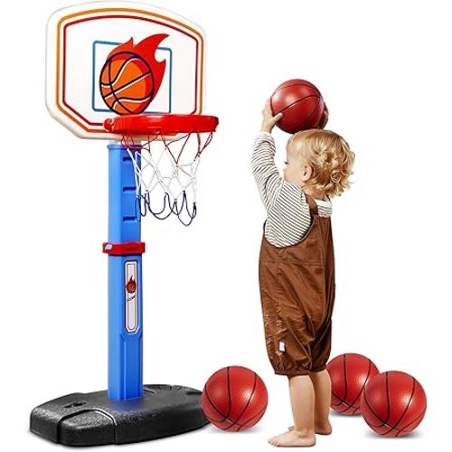 JOYIN Toddler Basketball Arcade Game Set, Adjustable Basketball Goal with 4 Balls for Kids Indoor Outdoor Play, Carnival Games, Christmas Birthday Gift for Boys Girls Age 1 and Up - Air Pump Included