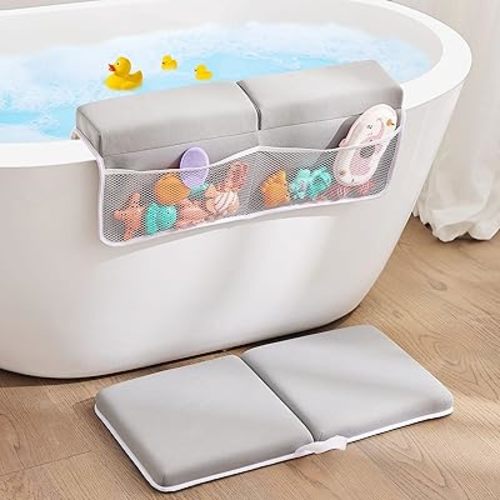 Baby Bath Kneeler and Elbow Rest Pad Set,Baby Bathtub Mat for Newborn Essentials Must Haves,Kneeling Pad with Soft Memory Foam and Bath Toy Organizer,Silicone Brush Bath Sponge,Grey