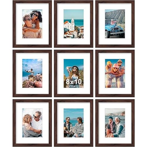 Vittanly 8x10 Picture Frames Set of 9, Shatter Resistant Plexiglass, Display 5x7 Pictures with Mat or 8x10 without Mat, Photo Frames for Wall or Tabletop, Engineered Wood, Walnut