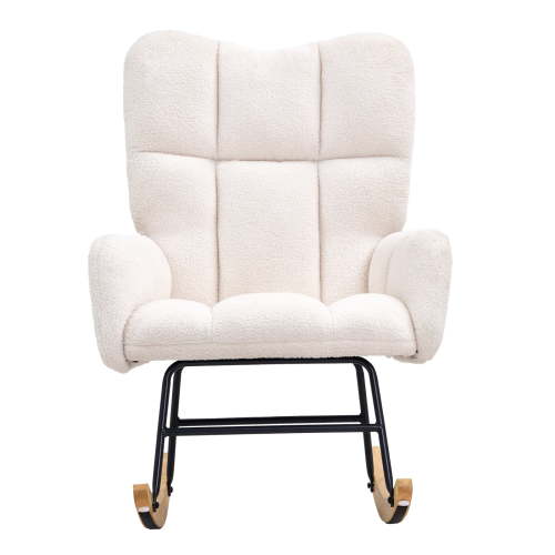KFFKFF Nursery Rocker Chair, Glide Rocker with Cushioned Seat and Tall Back Support, 250 lbs Load Limit Teddy Fabric, Padded Glide Rocking Chair for Nursery, Bedroom, Living Room, Creamy White
