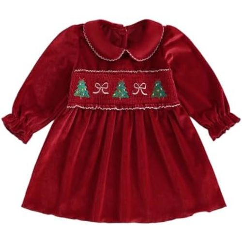 Engofs Toddler Baby Girl Christmas Outfit Velvet Dress Long Sleeve Christmas Tree Embroidery Print Party Dresses