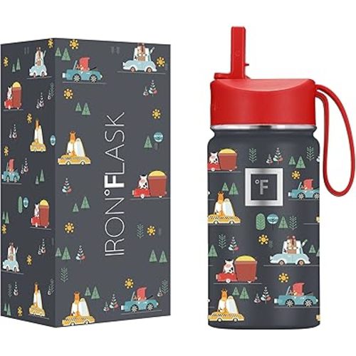 IRON °FLASK Kids Water Bottle - Straw Lid, 20 Name Stickers, Vacuum Insulated Stainless Steel, Double Walled Tumbler Travel Cup, Thermos Mug - Roadtrip, 14 Oz