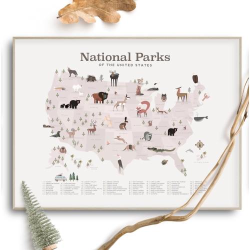 National park map, National park theme, Dusty rose, Kids map, Kids wall decor, Nursery, Baby Shower gift, National park poster wall decor