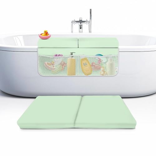 Memory Foam Bath Kneeler and Elbow Rest Pad Set, 2-Inch Thick, Water-Resistant Mat – Baby Bath Time Essentials Cushion and Bath Kneeling Pad for Bathing Baby with Bathtub Toy Organizer (Mint Green)