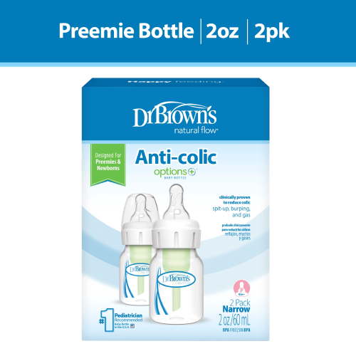 Dr. Brown's Anti-Colic Preemie Flow Baby Bottle for Newborn, Plastic, 2oz, 2 Pack