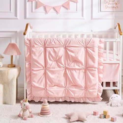 Boho Crib Bedding Set for Girls, 3 Piece Ruffles Jacquard Embroidery Baby Girl Crib Bedding Set Newborn, Infant & Nursery with Comforter, Crib Fitted Sheet and Crib Skirt, Pink