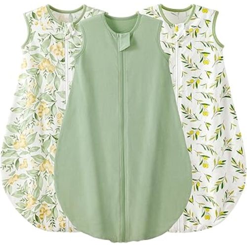 Duomiaomiao 3 Pack Baby Sleep Sack 100% Organic Cotton Lightweight Breathable Comfy Toddler Sleeping Sack (0.5tog Green Leaves, Small)