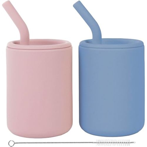 WeeSprout Silicone Baby Cups With Straws and Lids, 4 & 8 oz Options, Set of 2, Food Grade Toddler Training Container, Built In Straw Stoppers, Measurement Markings, Dishwasher Safe + Straw Cleaner