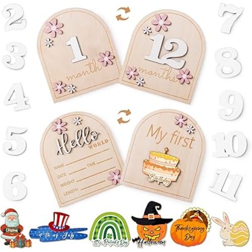 Baby Monthly Milestone Sign for Hospital: My First Holiday Wooden Daisy 3D Announcement Signs with Hello World - Newborn Birth Photography Props Gifts for Nursery Welcome Baby Shower