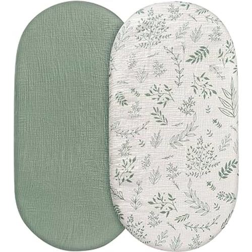 Muslin Bassinet Sheets 2 Pack for Baby Boy and Girl, Breathable Elastic Cozy Fitted Cotton Bassinet Mattress Sheet, Universal Fit for Hourglass Oval and Rectangle Bassinet Mattress (Natural Leaves)