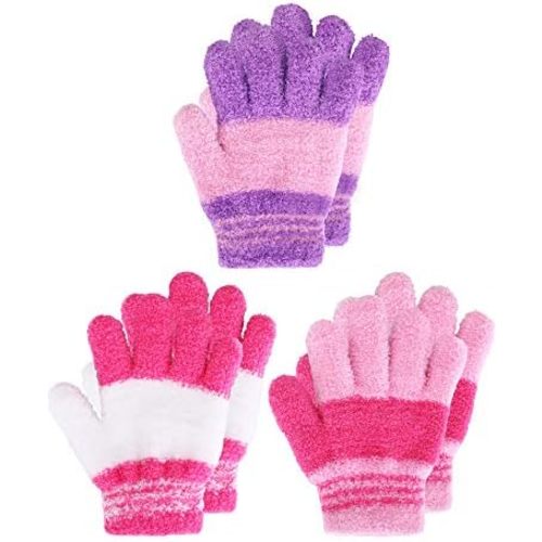 EBOOT 3 Pairs Winter Knit Gloves for Kids Stretchy Full Finger Fluffy Mittens for Toddler Boys Girls 1-11 Years