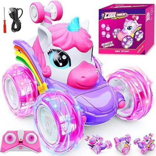 Unicorn Remote Control Car Toys for Girl - 360° Rotating Pink RC Stunt Cars 4WD Remote Cars for Kids, 2.4GHz Toy Car USB Direct Charging with LED Lights, Birthday Gift for 3 4 5 6 7 8 9 Year Old Girl