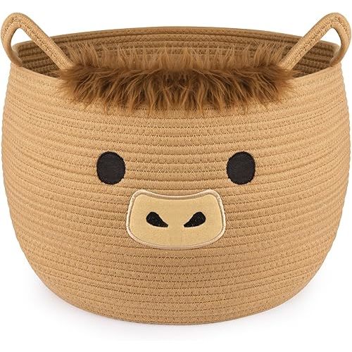 Highland Cute Cow Basket for Nursery, Large Blanket Gift Basket, Woven Rope Cotton Storage, Baby Laundry 0rganizer with Ears Handles, Towels Toy Clothes Gifts Storage Cat Dog Bin,13"D×11.5"H