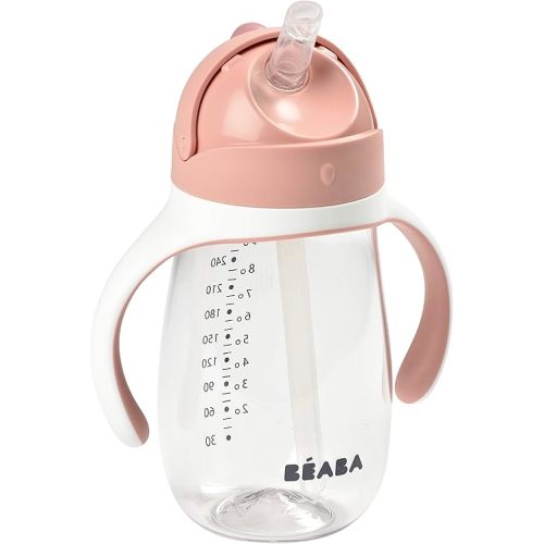 BEABA Straw Sippy Cup, Toddler Baby Straw Cup with Removable Handles, Leak and Spill Proof, BPA Phthalate Free, 8+ months, 10 oz, (Rose)