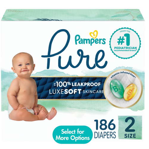 Pampers Pure Protection Diapers Size 2, 186 Count - Hypoallergenic, Shea Butter Enriched, 12 Hour Leakage Protection