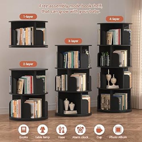 Amazon.com: Besiost Rotating Bookshelf, Wood Corner Bookshelf, 360 Display Spinning Bookcase Storage Rack, 4 Tier Floor Standing Revolving Bookcase Narrow Book Shelf Organizer for Small Space, Bedroom, Black : Home & Kitchen