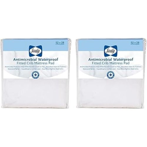 Sealy Baby Antimicrobial Fitted Waterproof Infant Crib Mattress Protector Pad and Toddler Bed Cover, Designed to Neutralize Odors, Machine Washable and Dryer Friendly, 52” x 28”- White (Pack of 2)