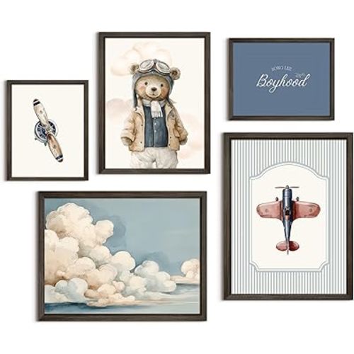 Teddy Bear Nursery Wall Art Decor Vintage Boy Room Pictures Baby Boy Nursery Canvas Wall Decor Blue Vintage Airplane Poster Kids Travel Aviation Prints for Playroom Bedroom 12x16x5 Inch Framed