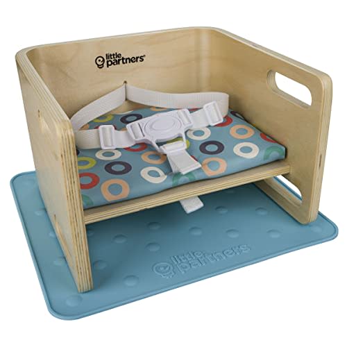 Little Partners® 3-in-1 Wooden Learning Booster Seat for Toddlers - Converts to Step Stool for Kids - Seat Cushion, Silicone Mat, and Booster Chair with Safety Straps - Feeding Chair (Natural)