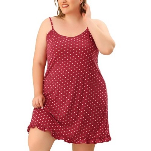 Agnes Orinda Women's Plus Size Comfort Ruffle Hem Polka Dots Sleeveless Nightgown Burgundy 2X