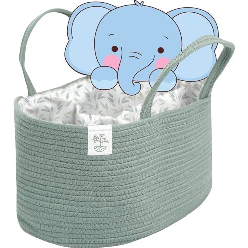 KiddyCare Diaper Caddy Organizer for Baby Nursery Basket with Handle Lid | Nursing Caddy with Changing Table Organizer Cart | Newborn Caddy | Basil Large - Regular - Basil (Leaf Print)