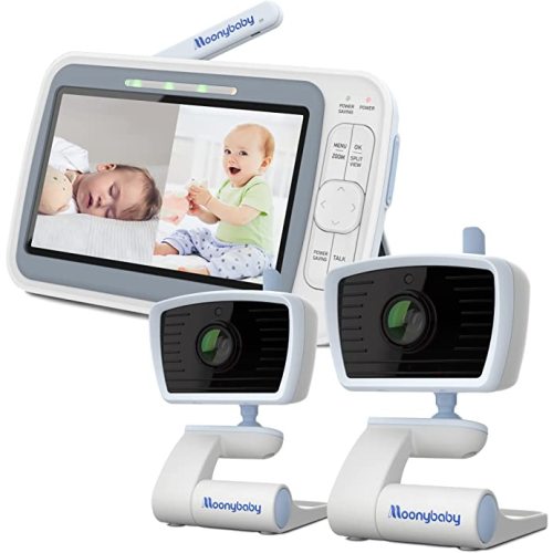 Moonybaby 5" Baby Monitor with 2 Cameras, Long Range No WiFi, Auto Noise Reduce, Quad Split Screen, 2-Way Audio, Lullaby, Auto Night Vision