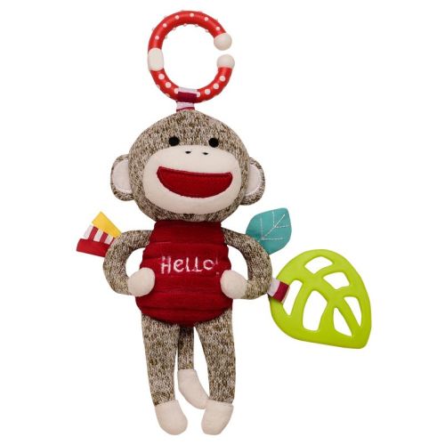 Baby Starters 9 inch Sock Monkey Crinkle, Rattle, Squeak Plush Activity Toy with Travel Hook