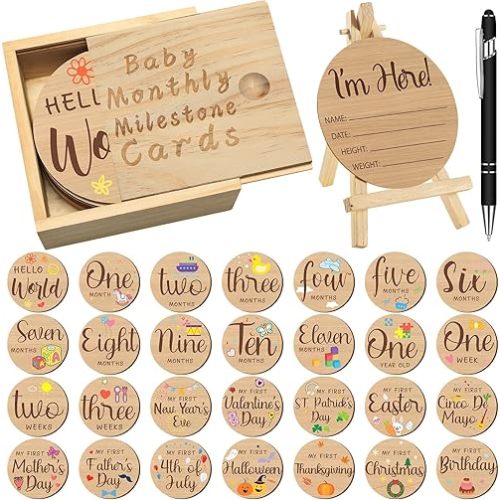 Wesiti 31 Pcs Wooden Baby Monthly Milestone Cards Double Sided Hello World Milestone Discs Pregnancy Journey Birth Announcement Sign Baby Boy and Girl Sets (Novel)