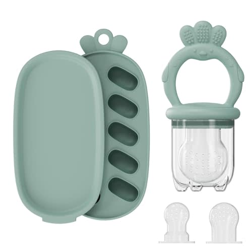 Baby Fruit Feeder with Freezer Tray Silicone Baby Teethers Food Feeder Freezer Popsicle Molds for Teething Relief (Green)