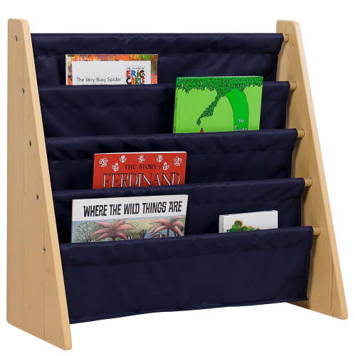 Wildkin Canvas Sling Book Shelf for Boys and Girls, Wooden Design Features Four Shelves - Natural w/ Blue