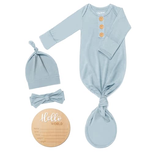 Soft Baby Knot Gown 0-3 Months, Newborn Announcement Sleepers With Mitten Cuffs and Personalized Wooden Name Tag