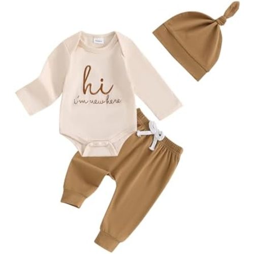 Newborn Baby Boy Clothes Hi I'm New Here Coming Home Outfit Letter Print Romper Pant Fall Winter Baby Boy's Clothing