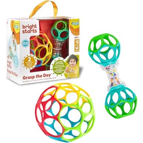 Bright Starts Easy-Grasp Oball Bundle Gift Set - Grasp The Day, Ball and Rattle Toys 2-Pack, BPA Free, Unisex, Newborn+