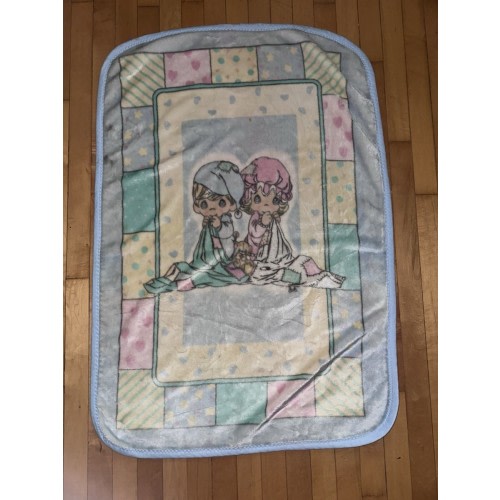 VTG Precious Moments Plush Acrylic Throw Blanket Boy Girl Pastel 30” x45” 2002