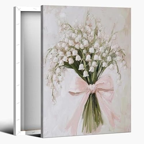 Pink floral bow wall art coquette decor May lily of the valley flower aesthetic poster print artwork wall for living room bedroom home decoration nursery and girl room Framed12x18inch