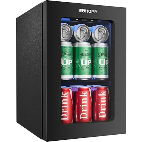 EUHOMY 18L Beverage Refrigerator Cooler, 24 Cans Mini Fridge with Quiet Compressor, Countertop Small Fridge with 40°F-61°F Digital Temperature Control, LED Lgiht for Home, Bar, Office