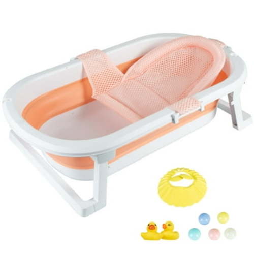 Hurber Folding Baby Bathtub, Infant Bath Tub with Anti Slip Pad, Girls, Pink w/Net Pad