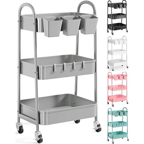 3 Tier Gray Metal Mesh Rolling Cart, Storage Cart with Handle and Lockable Wheels, Three Tier Utility Organizer Carts on Wheels for Kitchen, Office, Bathroom, Art, Craft, Snack, Baby Supplies
