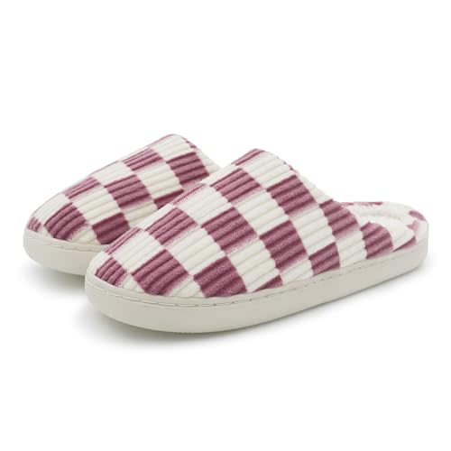Dumhew Women Home Fuzzy Slippers - Memory Foam Checkered Plaid Scuff Non-Slip Indoor Outdoor Comfortable Casual Soft Slides