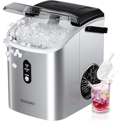 EUHOMY Nugget Ice Maker Countertop with Handle, Ready in 6 Mins, 34lbs Per Day, Removable Top Cover, Auto-Cleaning, Portable Sonic Ice Maker with Basket and Scoop, for Home/Party/RV/Camping (Silver)