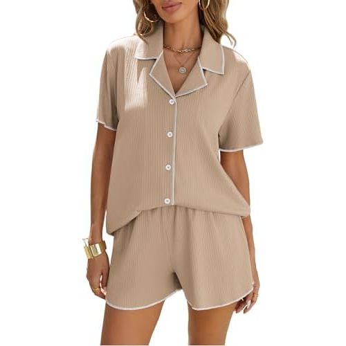 Ekouaer Women's Ribbed Button Down Pajamas Sets 2 Piece Short Sleeve Shorts Pjs Knit Lounge Sets