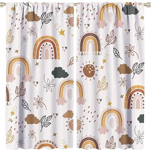 Abstract Retro Mid Century Rainbow Blackout Curtains,Kids Boho Rainbow Girls Bedroom Decor Window Drapes Rod Pocket Thermal Insulated Room Darkening Blackout Curtains for Bedroom 2 Panels 45L x 21W