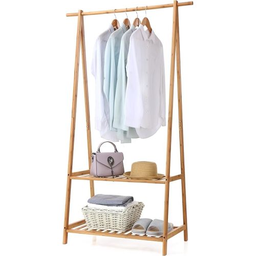Finnhomy Bamboo Clothes Rack Portable Extra Large Garment Rack 2-Tire Storage Box Shelves For Entryway and Bed Room Patented Design