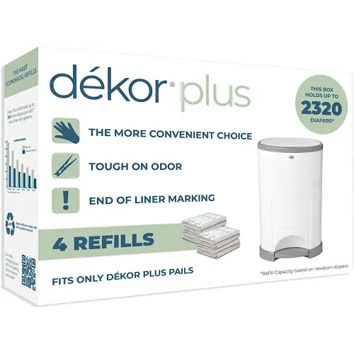 Diaper Dekor Plus Diaper Pail Refills | 4 Count | Most Economical Refill System | Quick & Easy to Replace | No Preset Bag Size Use Only What You Need | Exclusive End-of-Liner Marking