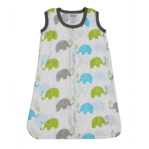 Bacati - Cotton Muslin Sleeping Sack, Wearable Blanket with 2-way Zipper, Elephants Aqua Lime Grey