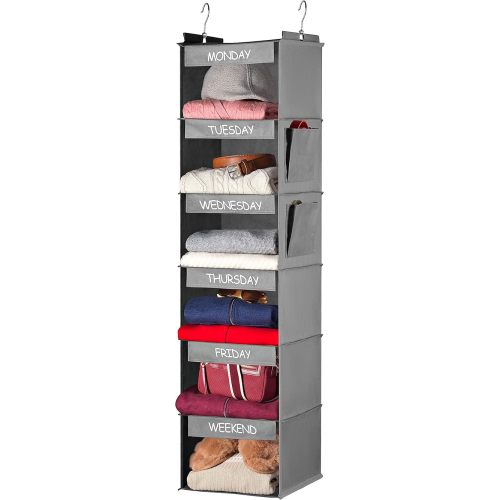 Weekly Clothes Organizer for Kids - 6-Shelf - Hanging Closet Daily Clothing Organization Labeled Shelves with Days of The Week Monday Through Friday, Weekday and Weekend (Grey)