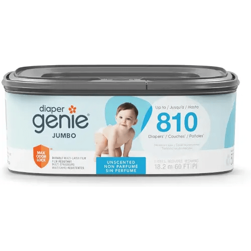The Diaper Genie Jumbo Square Refill, with Continuous Film, can Hold up to 810 Newborn-Sized Diapers per Refill.