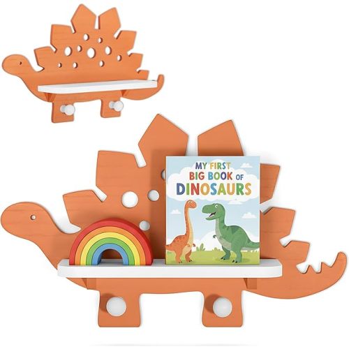 Dinosaur Wall Shelf for Kids – Dinosaur Room Decor for Boys, 3 Styles Wooden Cute Dino Wall Decor with Hooks, Nursery & Toddler Boy's Room Display