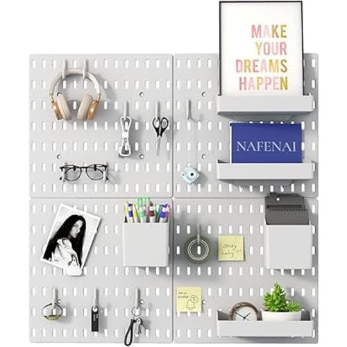 Nafenai Pegboard Combination Wall Organizer Kit,4 Pieces Peg Board and 11 Accessories Modular Hanging,Wall Mount Display Pegboard Panel Kits,White Peg board Organizer for Home Office