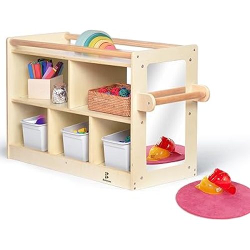 Toddler Montessori Toy Storage Cabinet w/Side Vertical Mirror, 5-Compartment Baby & Preschool Cubbies w/ 2 Top Sided Handrails, Little Kids Play & Learn Furniture for Home, Classroom